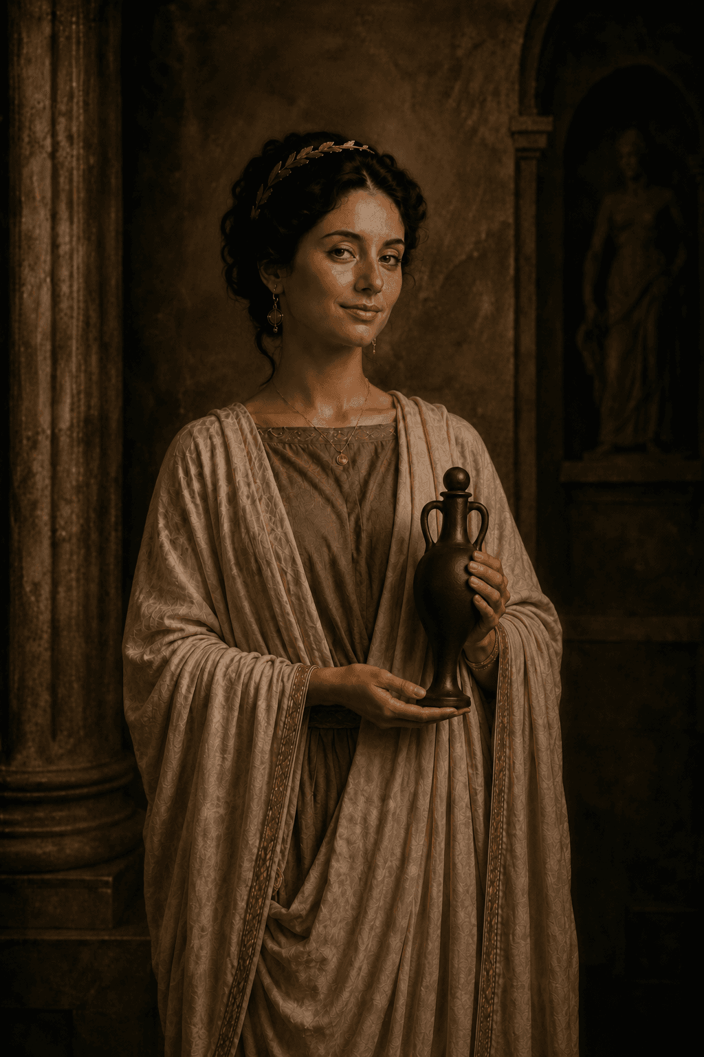 A woman in traditional dress holding an Anforantica ceramic amphora